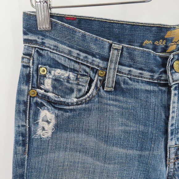 7 For All Mankind Womens 27 Blue Wash Denim Jeans Flare Distressed Destroyed - Picture 3 of 16